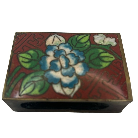 Antique Chinese Cloisonné Enamel Flower Print Match Safe Matchbox Holder Red - Picture 5 of 8